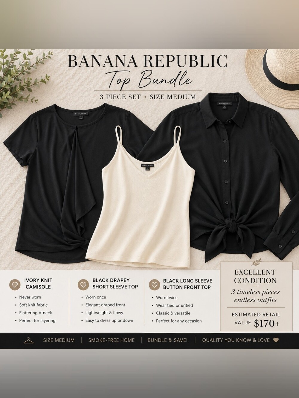 ✨Banana Republic Medium Top Bundle | Ivory Knit Cami + 2 Black Blouses | 3-Piece